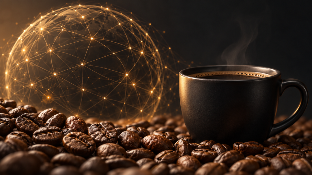 Concept artwork of roasted coffee beans and a black cup beside an abstract amber network sphere.