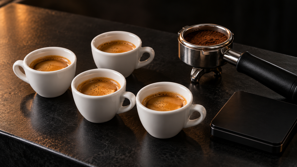 Concept artwork of four white espresso cups beside a portafilter and compact coffee scale on a dark counter.
