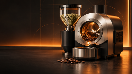 Concept artwork of a generic compact electric coffee roaster with green and roasted coffee beans in a dark bronze studio.