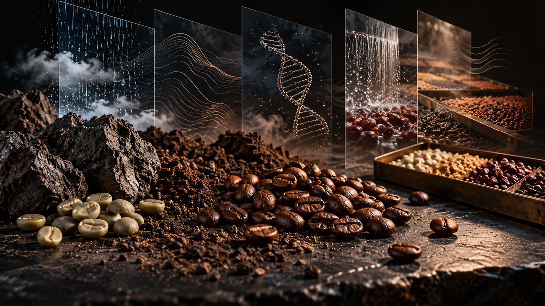 Concept artwork showing roasted and green coffee beans with soil, mineral, rainfall, genetic, and processing elements.