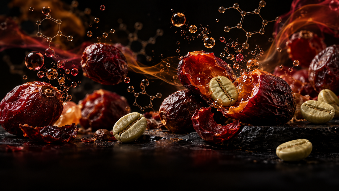 Concept artwork of dried coffee cherries, green coffee beans, fermentation bubbles, and molecular structures.