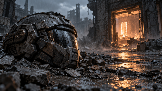 AI-generated editorial illustration of an invented tactical helmet on rain-soaked rubble, lit by a distant amber doorway.