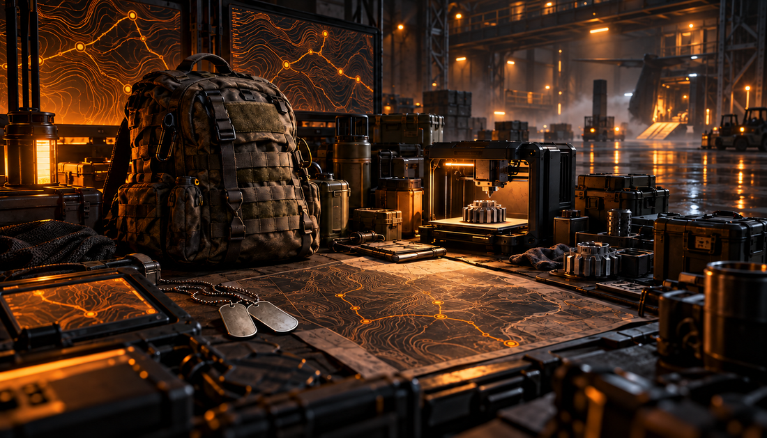 Concept artwork of an extraction-game forward operating base with a backpack, map, dog tags, crates, and fabrication device.