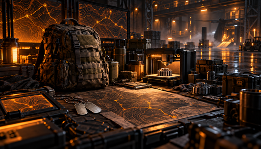Concept artwork of an extraction-game forward operating base with a backpack, map, dog tags, crates, and fabrication device.