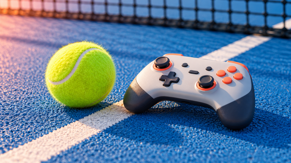 AI-generated tennis editorial still life of a tennis ball and generic white controller on a blue court.