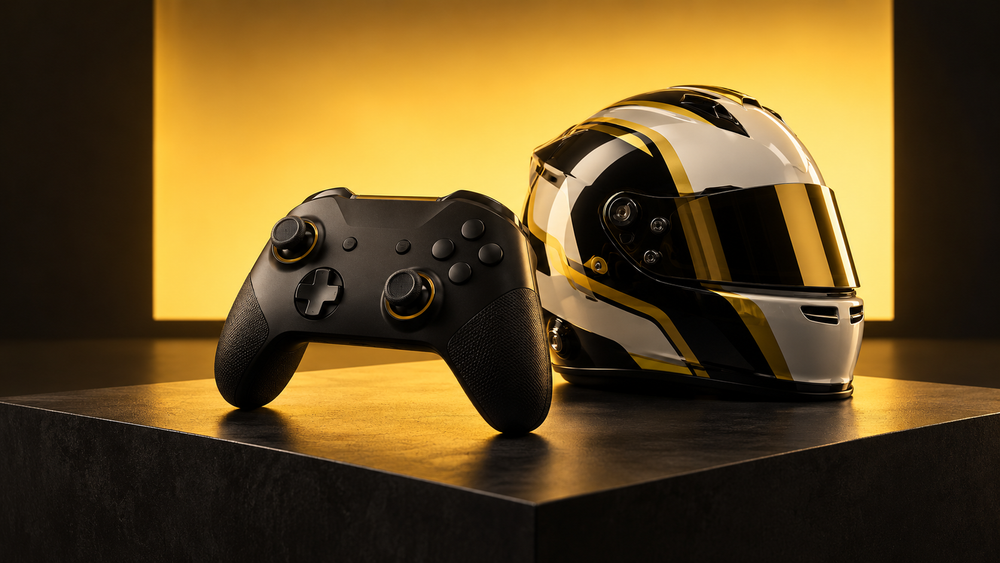 AI-generated editorial still life of a generic game controller and racing helmet under golden studio lighting.