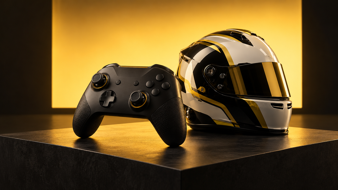 AI-generated editorial still life of a generic game controller and racing helmet under golden studio lighting.