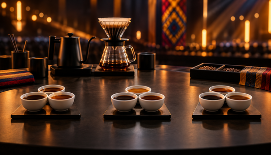 Concept artwork of three triangular coffee cupping sets on a competition table with manual brewing equipment.