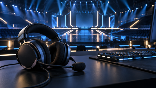AI-generated esports editorial illustration of an unbranded headset facing an imagined empty blue-lit competition stage.