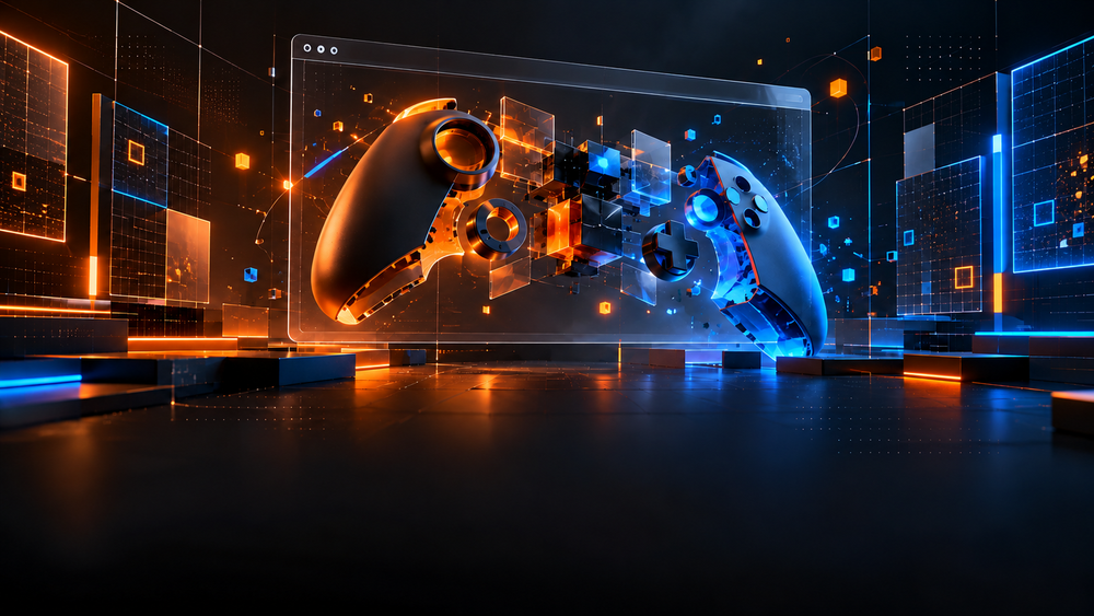 Concept artwork of a modular game controller and abstract test interfaces inside an orange-and-blue technology lab.