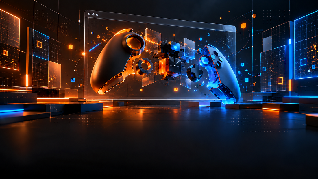 Concept artwork of a modular game controller and abstract test interfaces inside an orange-and-blue technology lab.