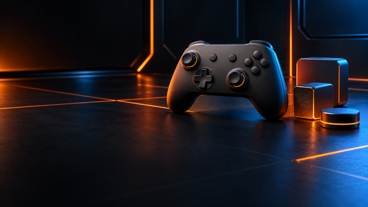 Concept artwork of a compact unbranded game controller beside abstract pocket-sized blocks in an orange-and-blue studio.