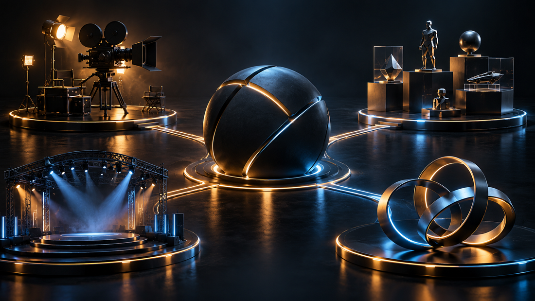 Concept artwork showing an abstract game-world core connected to cinema, products, live events, and partnership forms.