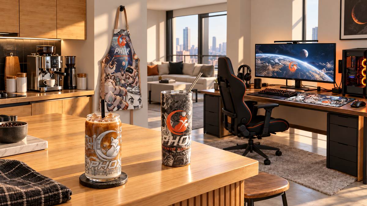 A bright gaming desk with coffee gear